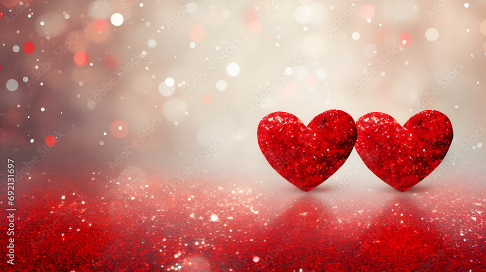 Two Hearts On Pink Glitter In Shiny Background - Valentine's Day Concept. Generated AI Two Hearts On Pink Glitter In Shiny Background - Valentine's Day Concept. Generated AI