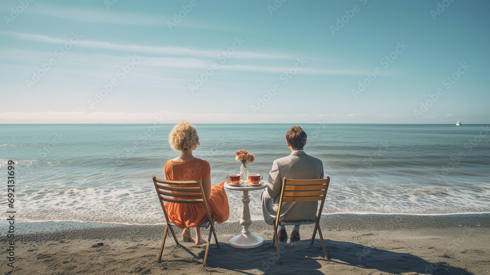 couple of women in white dress drinking juice on the beach in summer time