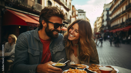 young romantic couple having a romantic dinner photo