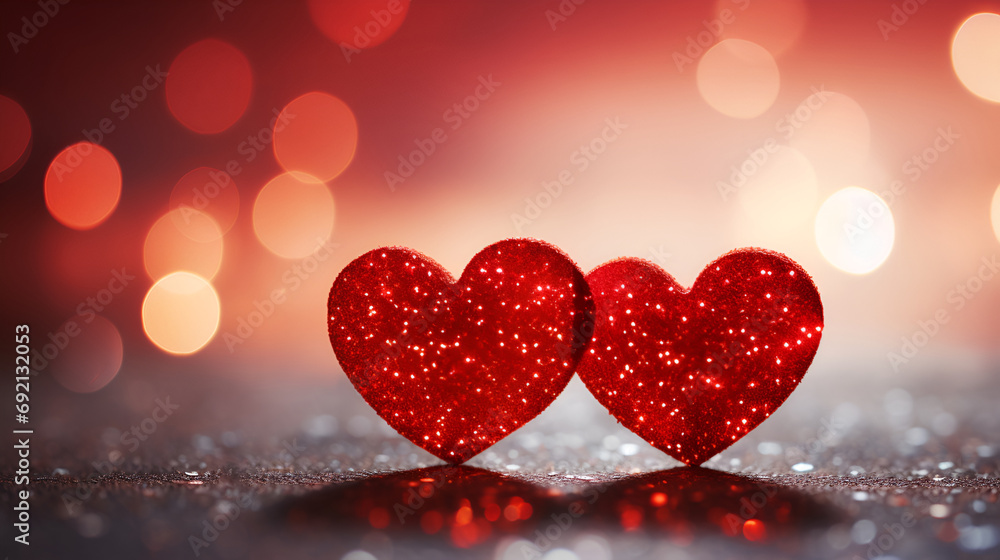 Two Hearts On Pink Glitter In Shiny Background - Valentine's Day Concept. Generated AI Two Hearts On Pink Glitter In Shiny Background - Valentine's Day Concept. Generated AI