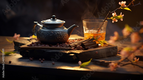 cup of hot tea on table in the autumn