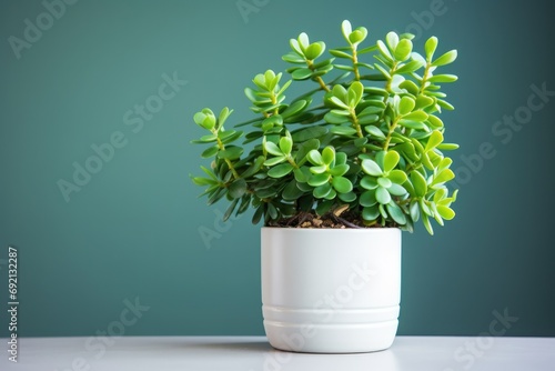 Flourishing Jade Plant in a Clean White Pot. Closeup of Bright Leaves and Branches - Botany and Environment photo
