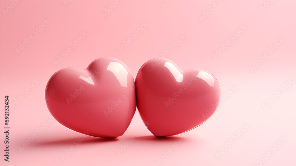 Two red hearts on light pink background. Generated AI