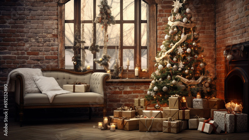 christmas tree with presents on brick wall background. 3 d render