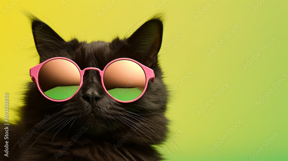 cat with sunglasses and yellow sunglasses on a yellow background, close - up.
