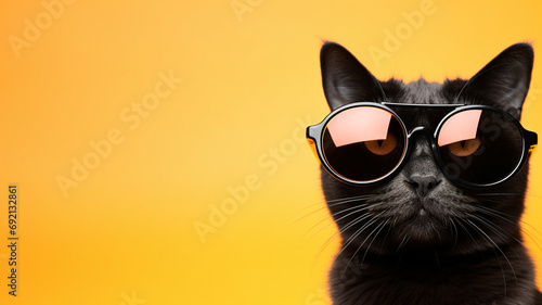 cat with sunglasses and yellow sunglasses on a yellow background, close - up.