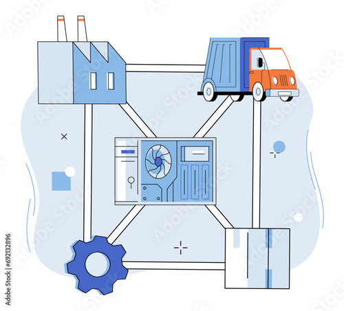 Blockchain industry vector illustration. Blockchain, backbone Industry 4.0, weaves innovation into fabric business In digital realm, blockchains network connects industries through cryptographic