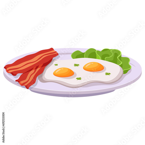 Breakfast with scrambled eggs, bacon and lettuce leaves.Healthy breakfast plate.Morning plate.Fried egg.British breakfast.Isolated on white background.Vector flat illustration.