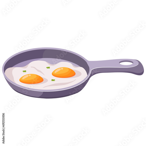 Pan frying an egg.Healthy breakfast fried egg.Fried eggs on pan with handle.Home cooked food.Isolated on white background.Vector flat illustration.