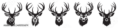 Set of deer heads with horns, black and white heads of forest animals, decoration of room, home, wall vector illustration