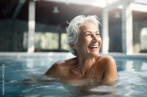 woman laughing while swimming in an indoor pool