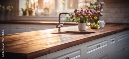 wooden countertop kitchen decor close up with white cabinetry