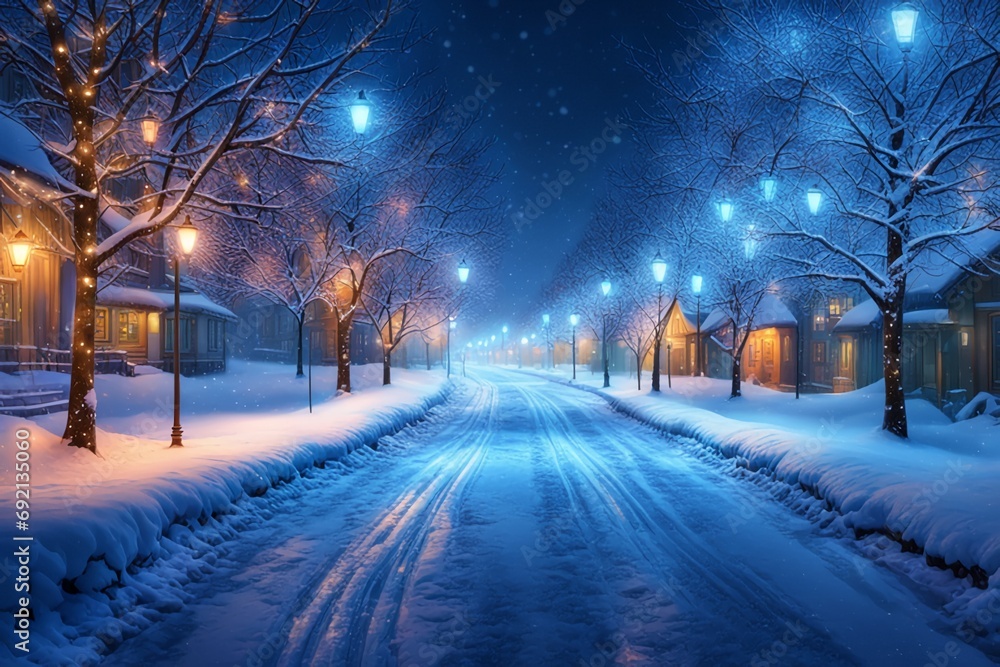 Snow on night urban street and lights garland