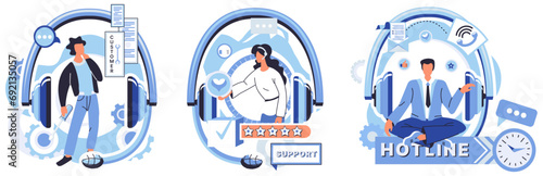 Help desk vector illustration. The help desk hotline echoes with dedicated voices IT professionals, ready to assist Assistance is just call away at help desk, where network solutions meet customer