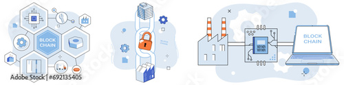 Blockchain industry vector illustration. Blockchain, backbone Industry 4.0, weaves innovation into fabric business In digital realm, blockchains network connects industries through cryptographic