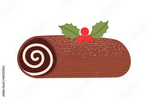 Yule log traditional Christmas cake with holly ordinary plant decoration. Buche de noel dessert. Chocolate roll with cream