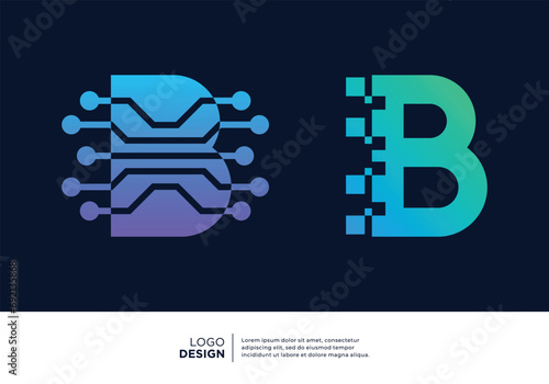 Set of Letter B digital data connection logo design.