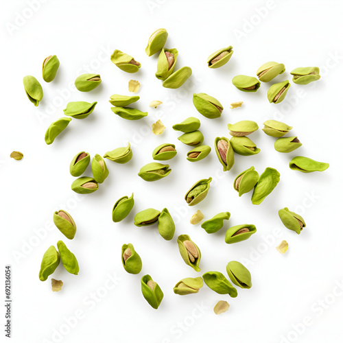 Falling pistachio nuts isolated on white background.