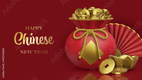 chinese new year background with 3d elements. chinese new year banner with realistic lucky bag with gold coins and ingots.