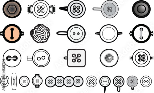 Sewing Buttons flat sketch vector illustration set, different types of Shirt Buttons, Shank button, Flat buttons and Decorative buttons for fasteners, dresses garments, Jeans, Clothing and Accessories