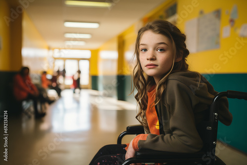 Retrato de niña en silla de ruedas en el pasillo de la escuela con compañeros de clase photo