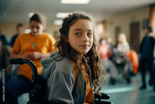 Retrato de una niña en silla de ruedas con sus amigos al fondo photo