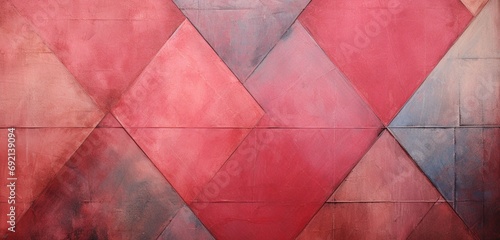 Delve into the abstract block pattern with geometric diamond shapes, set against a pink and red background with vintage faded texture detail.  photo