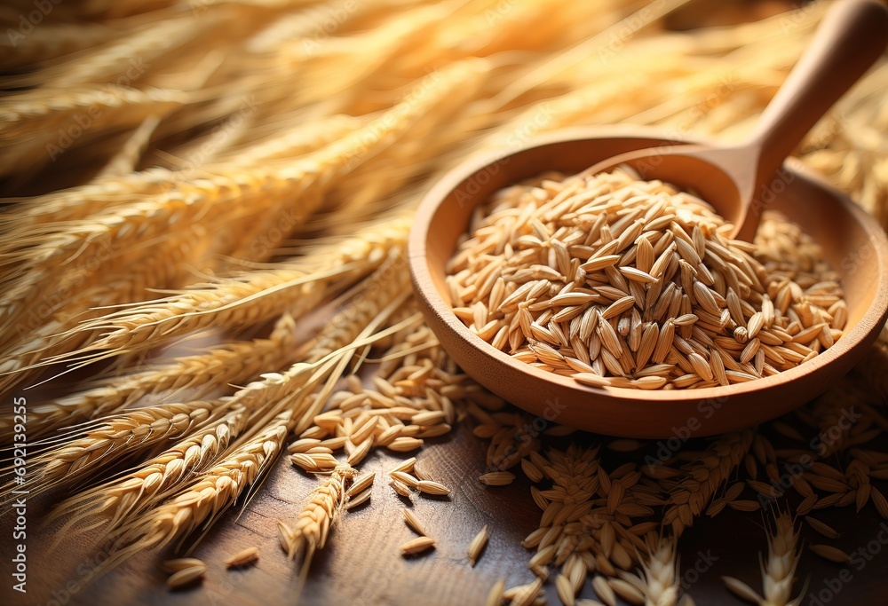 Golden Harvest: A close-up of freshly harvested grain, beautifully backlit, capturing the essence of agricultural abundance. - obrazy, fototapety, plakaty 
