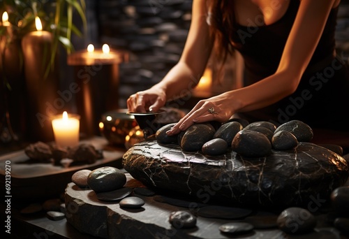 Elegant spa salon with candles, stones and a woman, preparing for a relaxing massage of hot stone