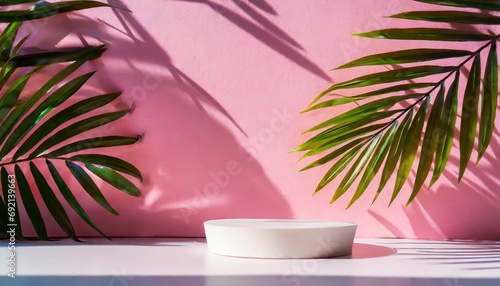 minimal abstract background for the presentation of a cosmetic product premium podium with a shadow of tropical palm leaves on a pink wall pink wall and white table