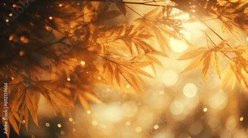 Golden Hour Splendor Through Autumn Leaves, Nature's Bokeh Lighting Up the Warm Forest Canopy
