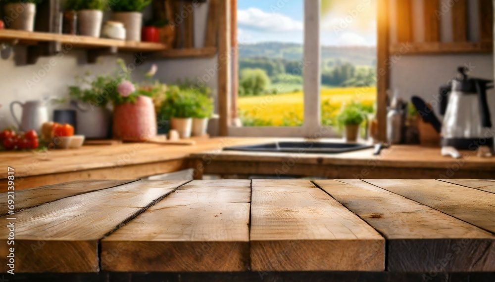 empty wooden table with countryside kitchen in background