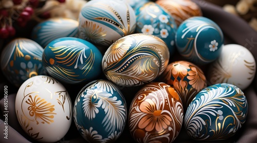 Easter colorful eggs with beautiful traditional elegant painting in a bowl