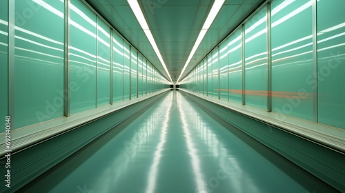 Futuristic Minimalist Corridor with Reflective Turquoise Floors and Fluorescent Light Stripes Perspective
