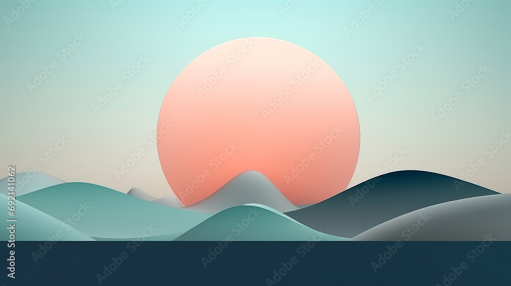 Minimalist surrealistic abstract landscape background. Sun, waves and dunes. Bright colors Minimalist surrealistic abstract landscape background. Sun, waves and dunes. Bright colors
