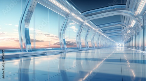 Dawn's Early Light Reflecting in a Futuristic Glass Walkway Overlooking a Peaceful Horizon