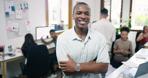 Businessman, face and office confidence or arms crossed working for collaboration, professional or entrepreneur job. Black person, smile and company proud or creative management, team chat at startup photo