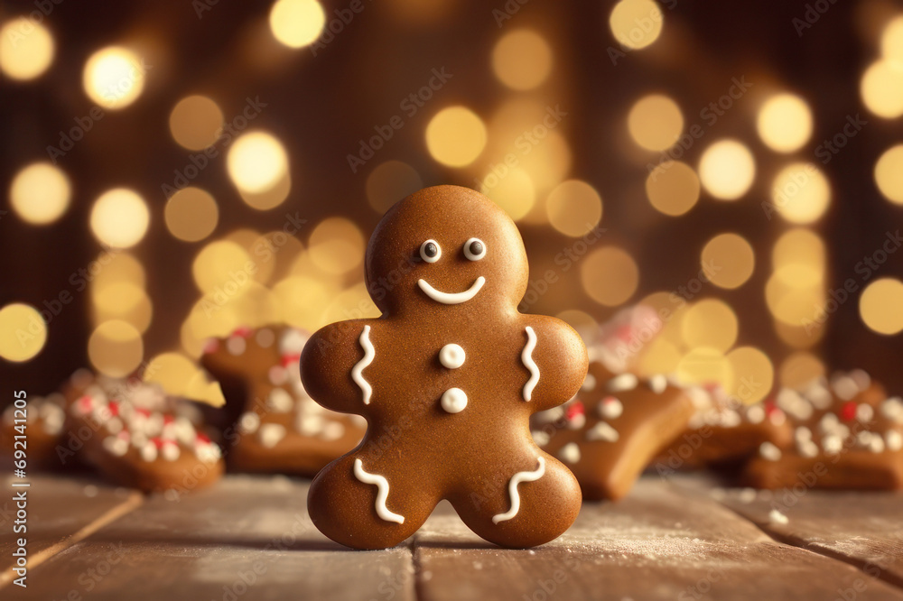 Gingerbread man on a background of sparkles and lights. New Year card. AI generative. Gingerbread man on a background of sparkles and lights. New Year card. AI generative.