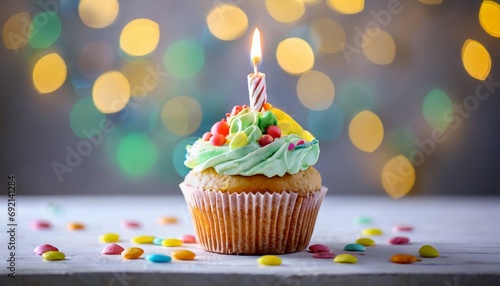 delicious birthday cupcake on table on light background