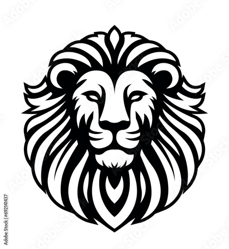 Lion head vector line art illustration isolated on dark and white background. Lion face and mane business logo design template.