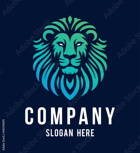 Lion face front view vector art image business company logo template, brand identity logotype on white and dark backgrounds.