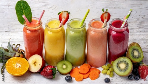 freshly pressed fruit vegetable juice smoothie with fruits veggie toppings on background cutout file many assorted different flavour mockup template for artwork design