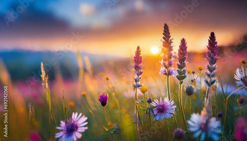 beautiful meadow with wild flowers over sunset sky beauty nature field background with sun flare bokeh silhouettes of wild grass and flower sunny summer or autumn nature backdrop