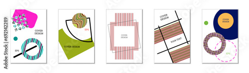Geometric cover design, set of 5 covers. Abstract unusual background in Memphis style. Bright geometric shapes in random order