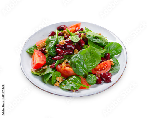 Red Bean Salad On White Background, Fresh Salad with Spinach, Cherry Tomatoes, Walnuts, Beans and Mustard Dressing
