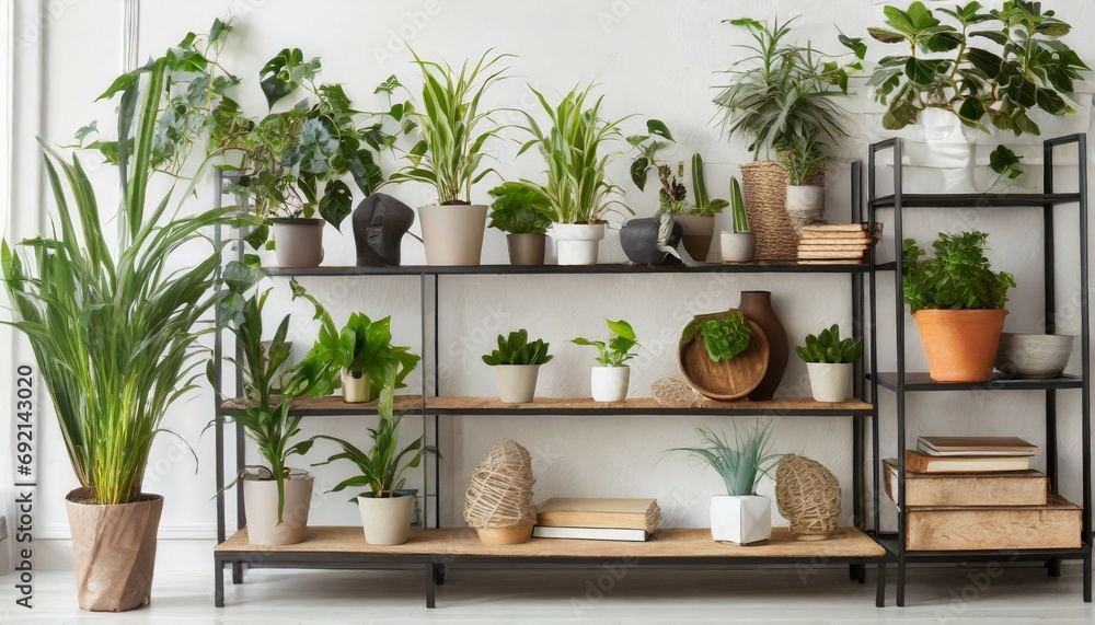 bookcase with various plants over white wall