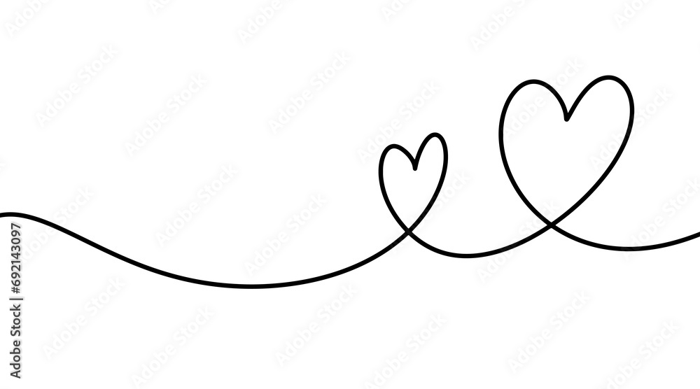 Tangled hearts are drawn with thin material. Isolated on a white background. Greeting illustration for Valentine's Day. Motion line drawn for Valentine's Day. Solid or continuous line