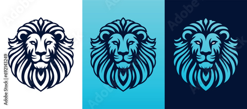 Lion face front view vector art image business company logo template, brand identity logotype on white and dark backgrounds.