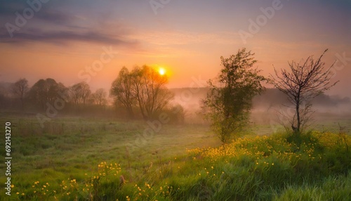 colorful spring sunrise on meadow