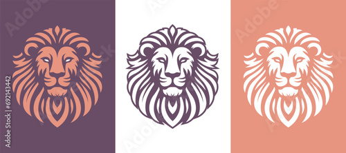 Lion face front view vector art image business company logo template, brand identity logotype on white and dark backgrounds.
